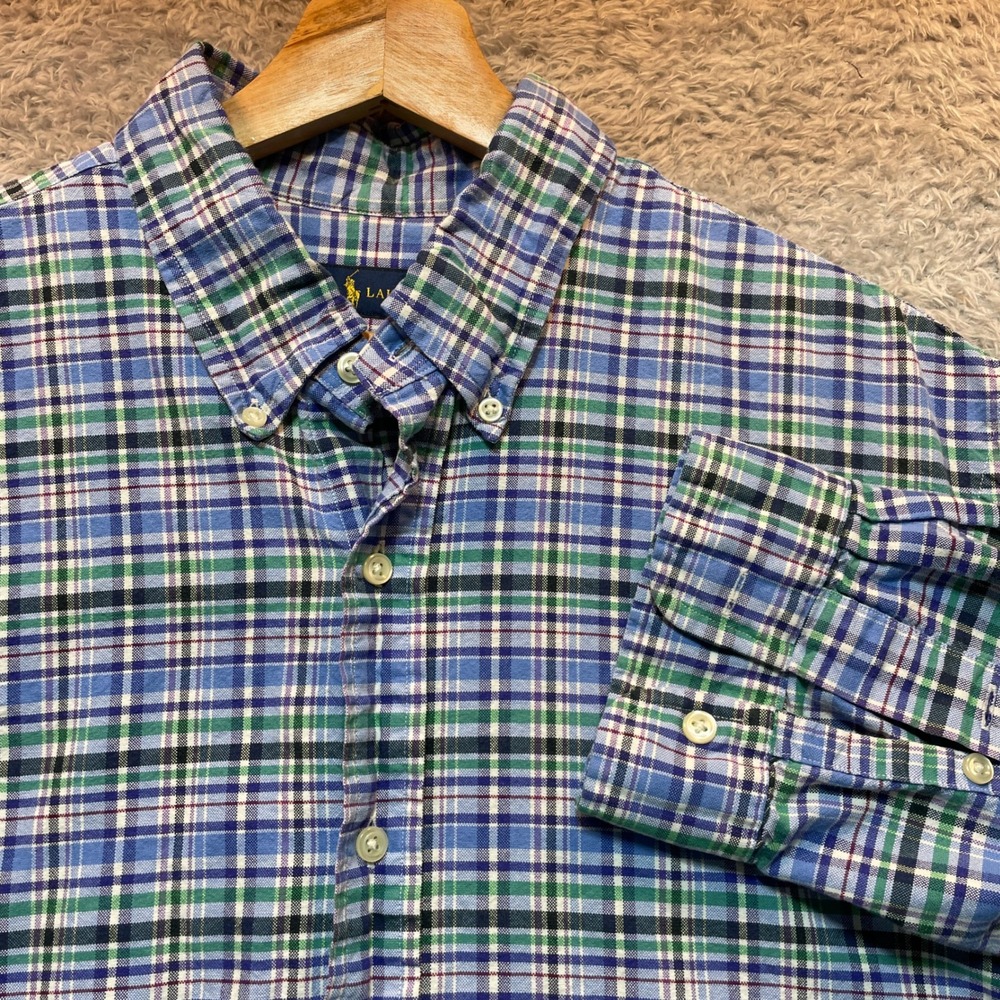 Polo Ralph Lauren Mens XL Plaid Button Down Shirt Blue Green Long Sleeve Cotton